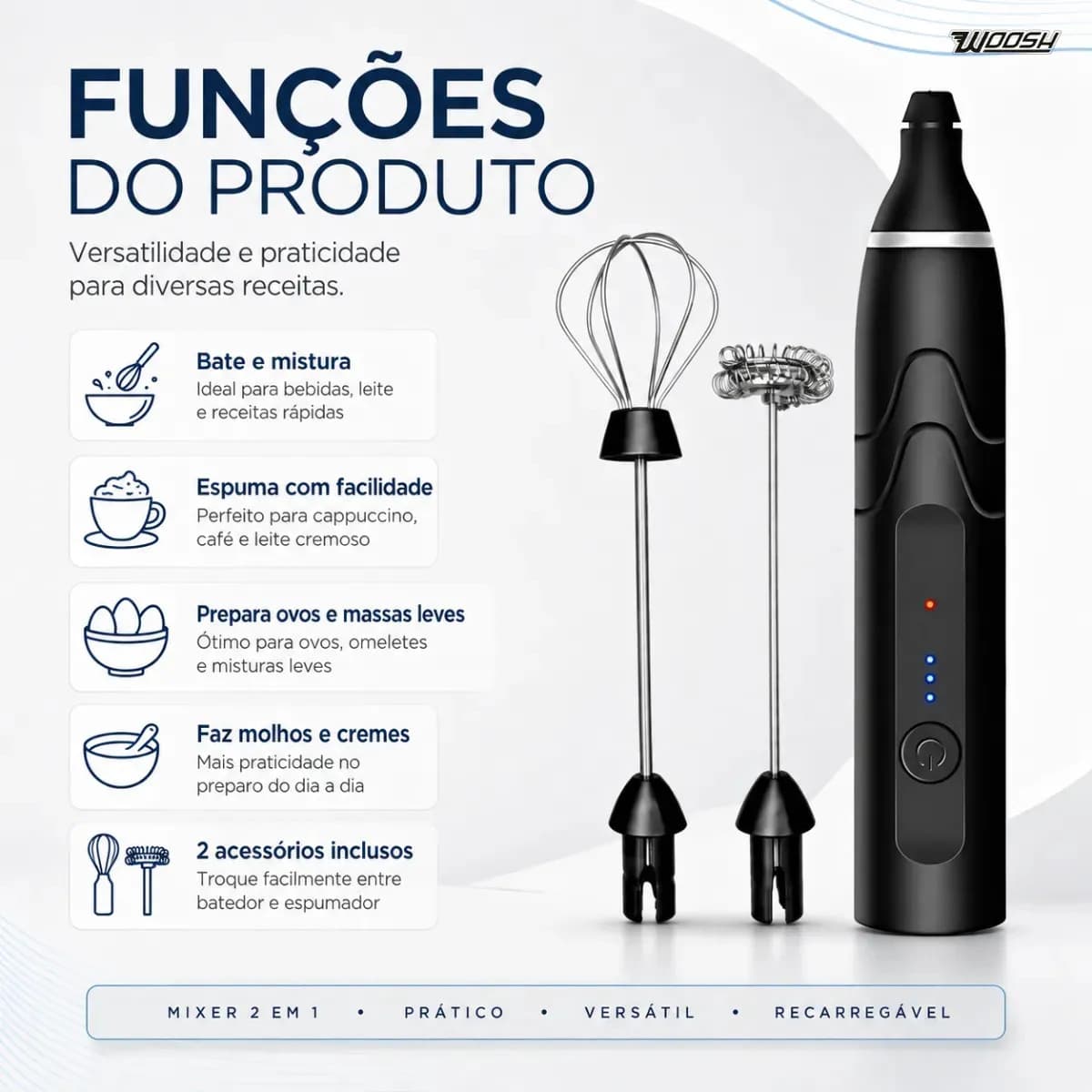 Mixer Elétrico Portátil 2 em 1 Recarregável Potente Misturador de Bebidas e Ovos 3 Velocidades Usb Batedor e Fue Fouet Woosh — imagem 5