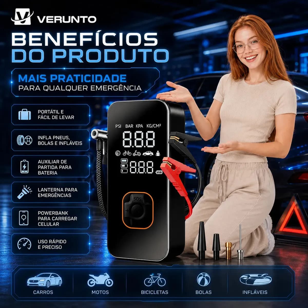 Bomba Elétrica Portátil Digital Para Encher Pneu De Carro Moto Bicicleta Inflador Automotivo Cor Preto — imagem 2
