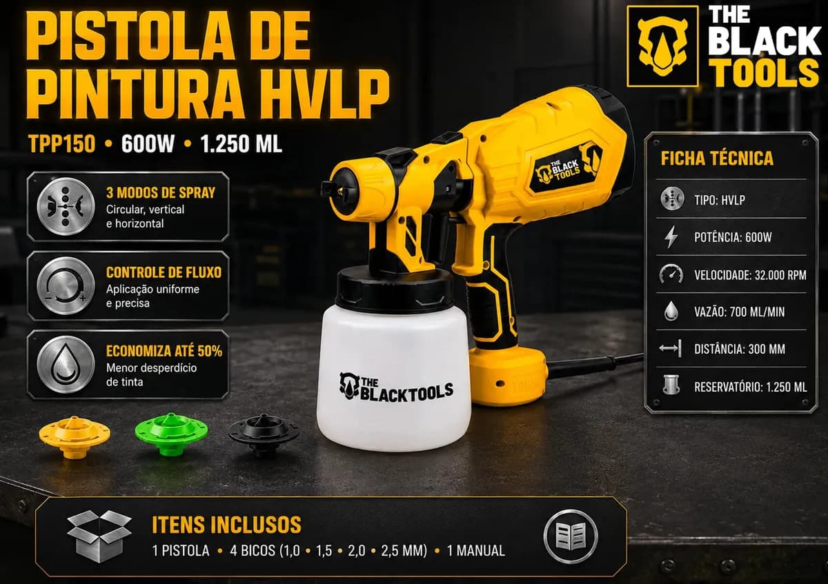 Pistola De Pintura E Pulverizadora Elétrica Portátil Hvlp 1.250l C/5 Bicos E Acessórios 600w Tpp150 The Black Tools — imagem 3