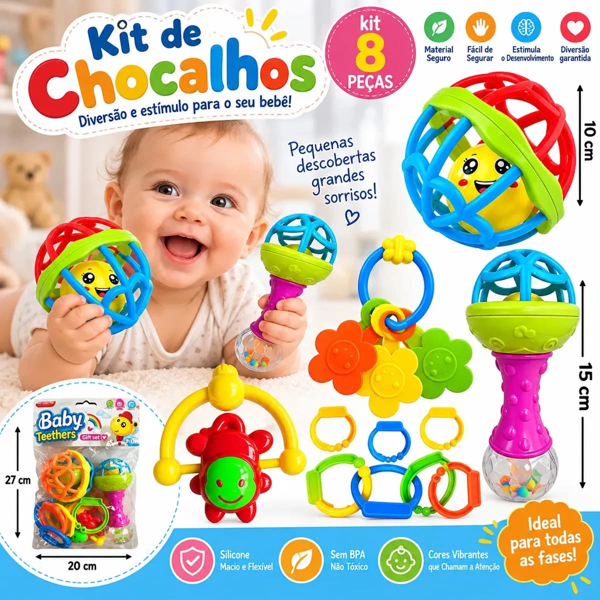 Kit Chocalhos e Mordedores Sensoriais para Bebê com 8 Peças de Silicone e Plástico