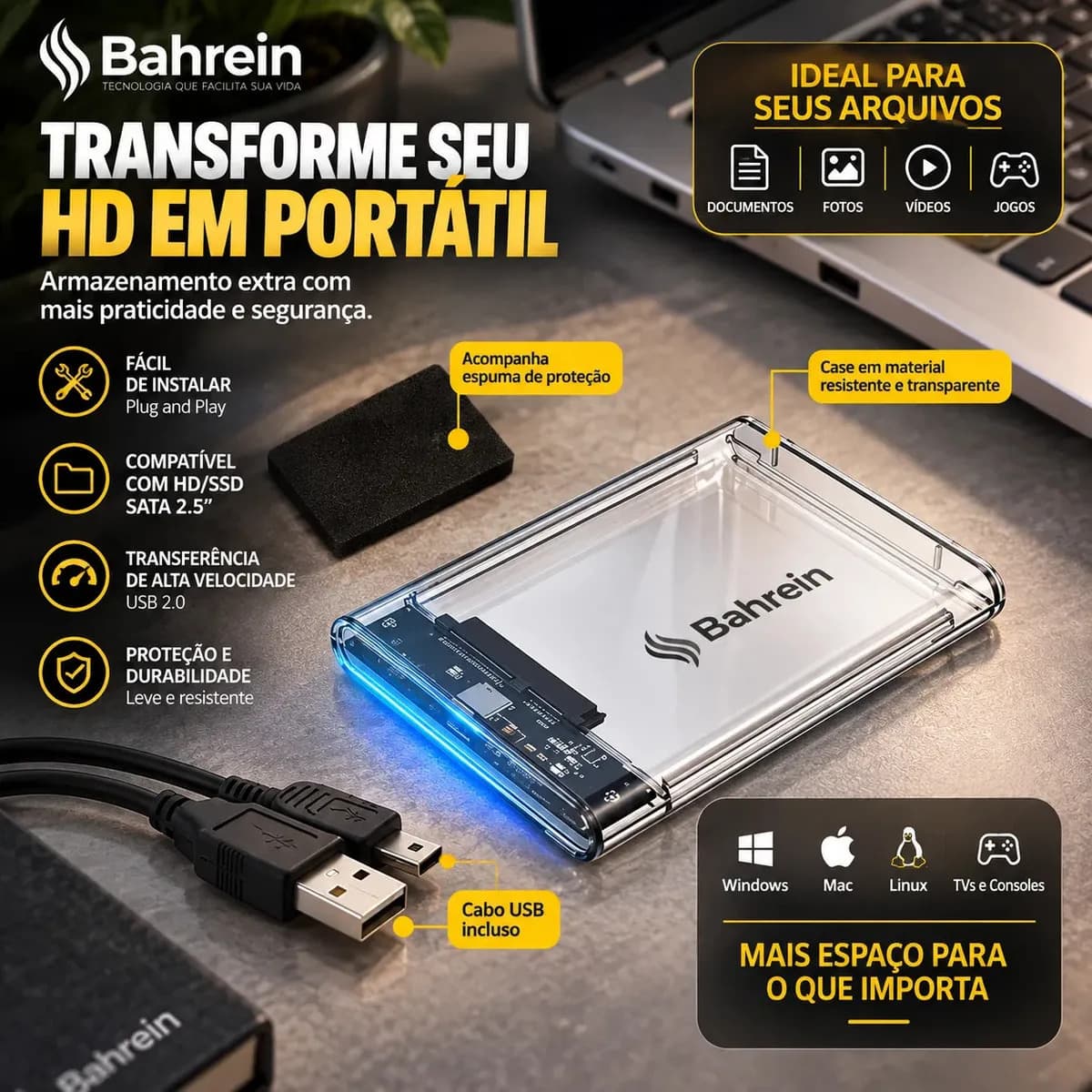 Case Para HD Externo USB 3.0 Para HD/SSD SATA 2,5" Adaptador Gaveta Portátil Alta Velocidade Para Notebook PCs Consoles Transparente — imagem 4