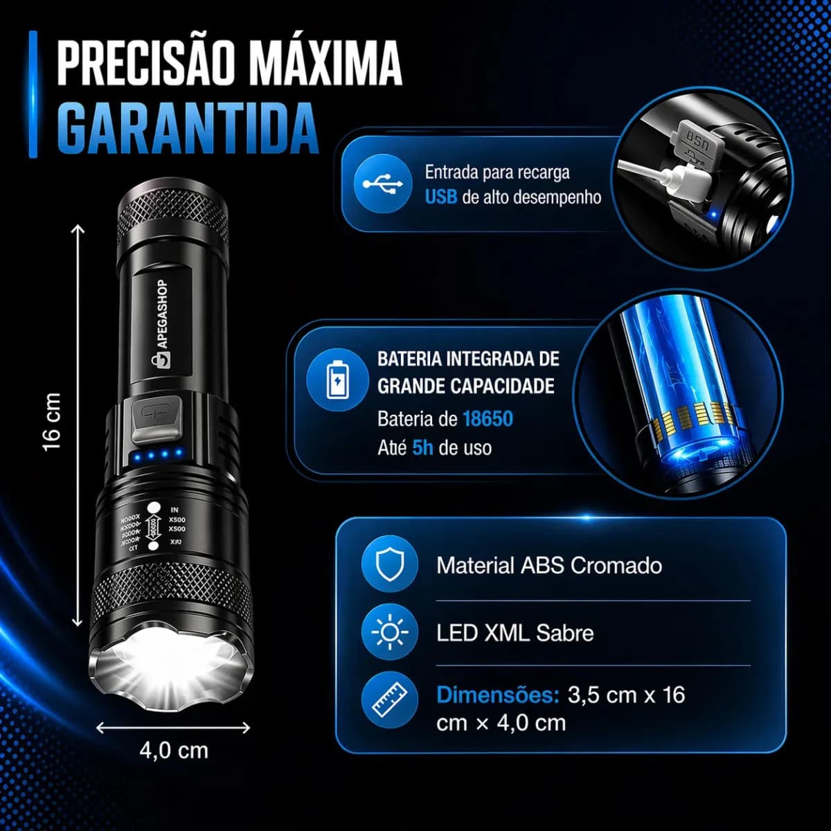 Lanterna Tática Militar Recarregável Led Cree Mais Forte Do Mundo Ultra Potente 1000m Zoom Alto Brilho Sitio Fazenda Apegashop — imagem 3
