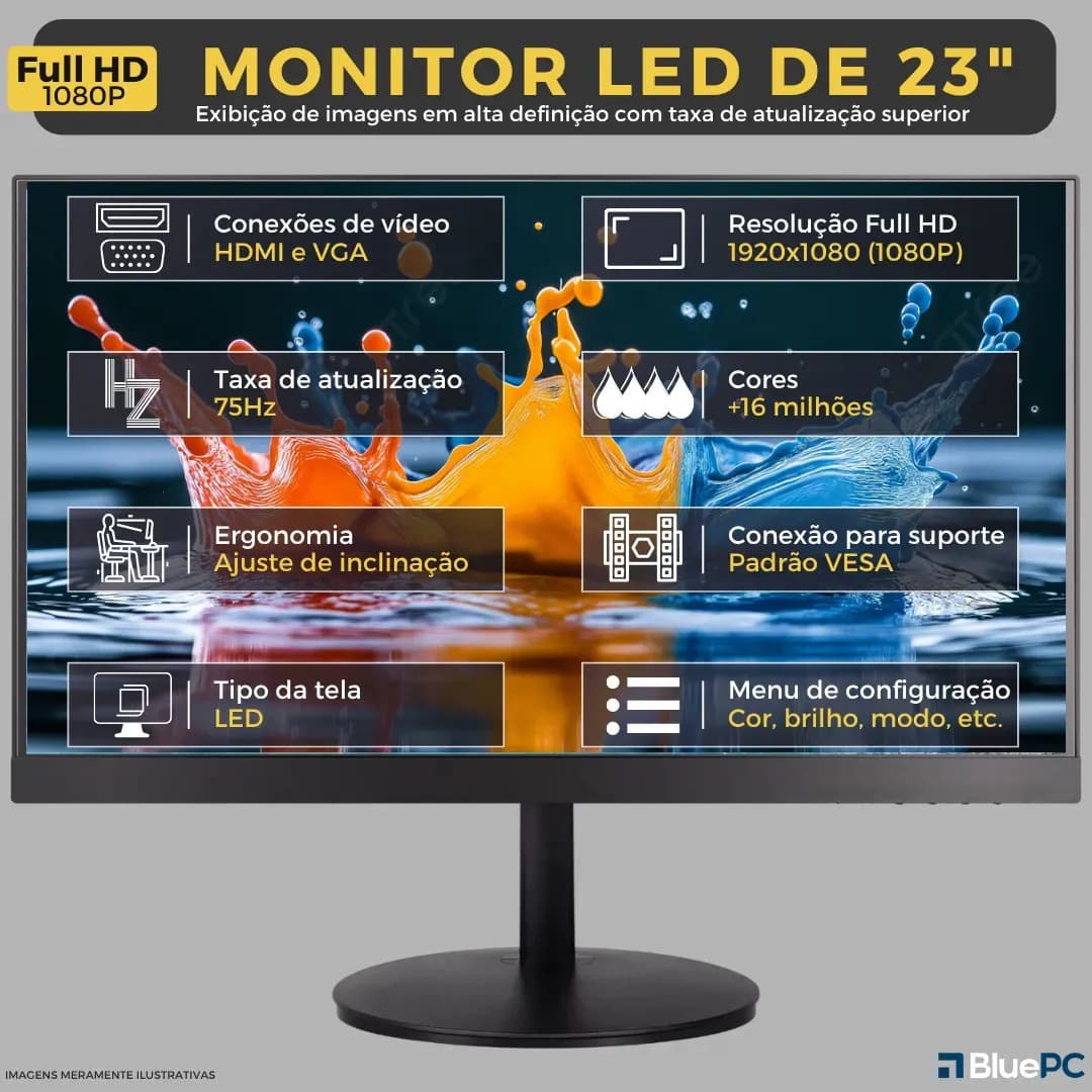 Computador Completo Top Intel Core i7 4770, 16GB RAM, SSD 512GB, Bivolt, Preto, Windows 10 Pro, Monitor 23" Full HD - BluePC CD2E-0135TO — imagem 3