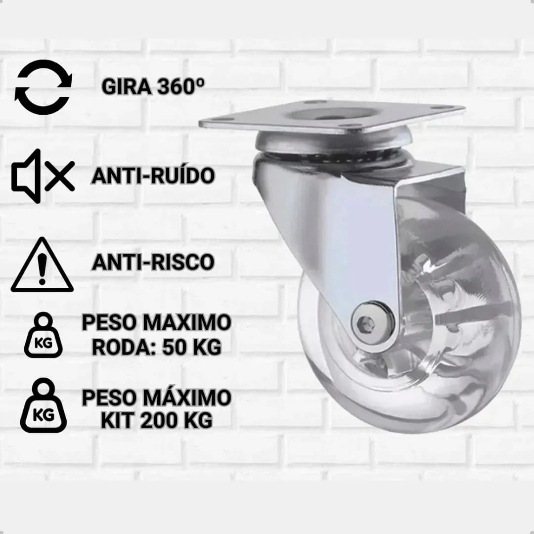 Kit 8 Rodinhas Para Moveis Rodízio Roda HD 50mm Silicone Reforçada Giratória Com Trava 2 Polegadas Com Placa E Freio Gel — imagem 3