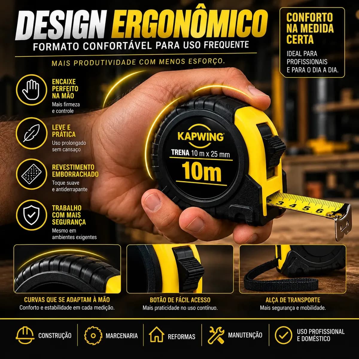 Trena Profissional 10 Metros 25mm Emborrachada Reforçada Fita de Aço Com Trava Manual Medição — imagem 6