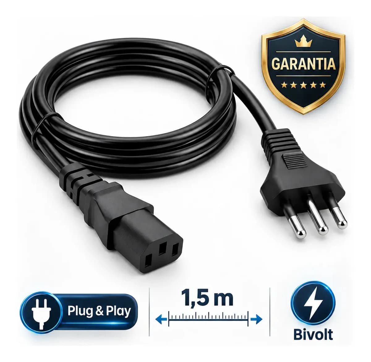 Cabo De Força Energia Tripolar IEC C13 Para Pc Monitor Impressora 1,5m Metros Padrão Brasileiro Bivolt 110v 220v Computador Reforçado Alta Durabilidade Compatív — imagem 2
