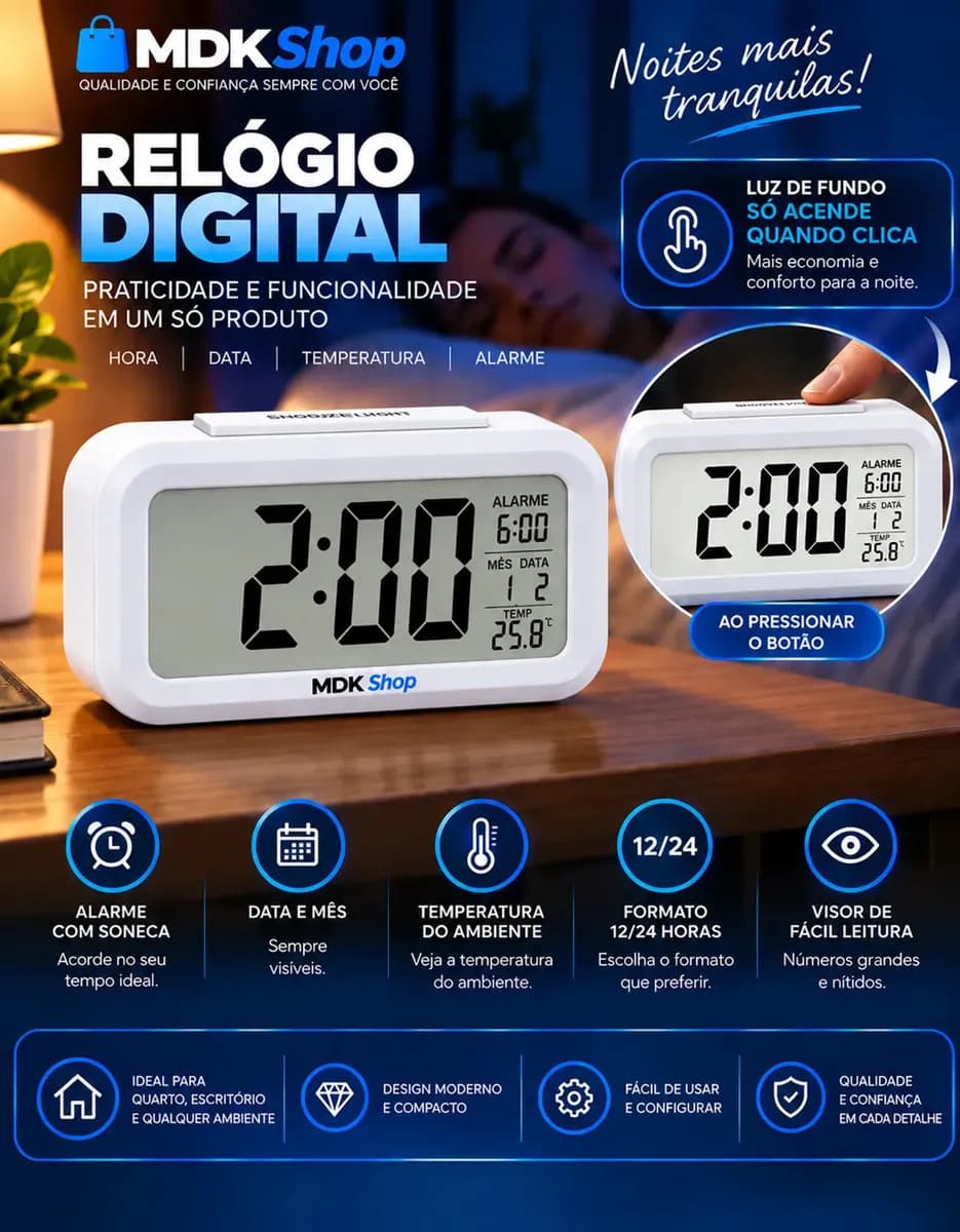 Relógio Digital Mesa Despertador Inteligente Cabeceira Quarto Idoso Com Sensor De Temperatura Micgeek — imagem 3