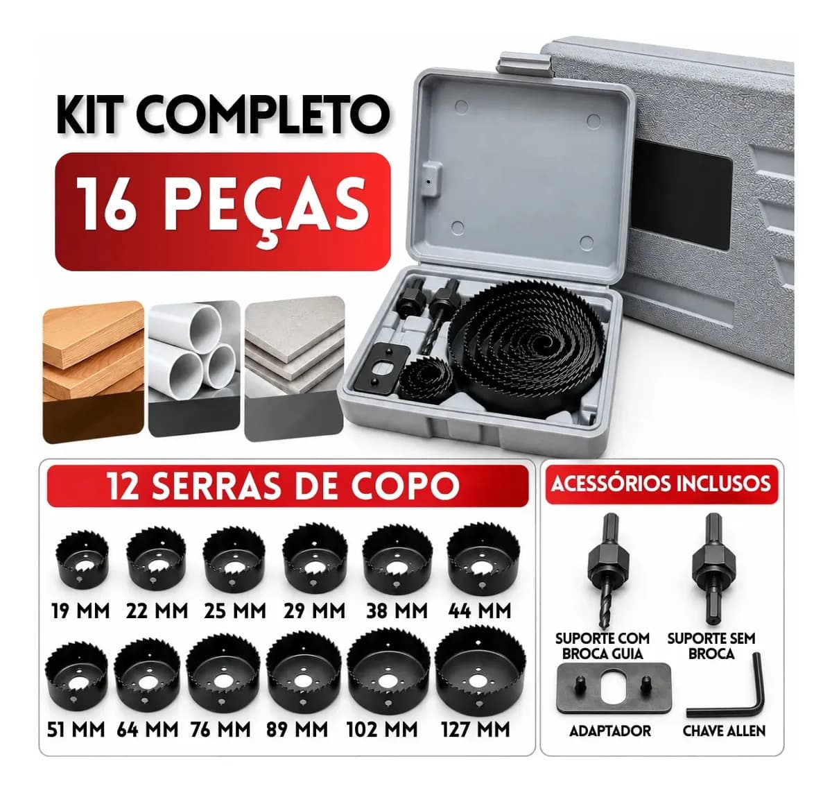 Jogo Serra Copo 16 Peças 19mm A 127mm Para Madeira Gesso Pvc Mdf Compensado Kit Completo Para Furadeira Conjunto De Serras Para Perfuração E Corte Circular Em O — imagem 2