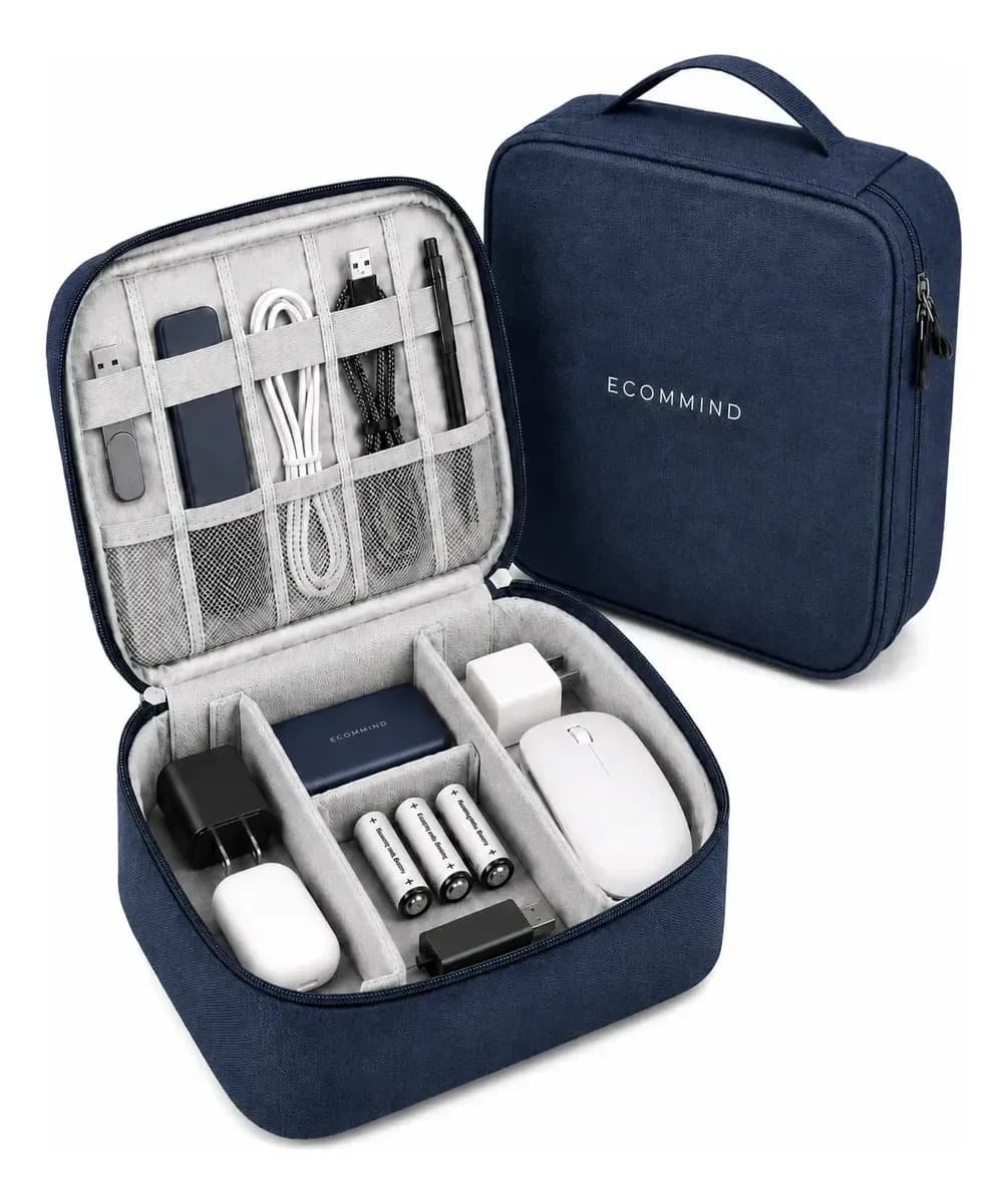 Bolsa Organizadora De Cabos Eletrônicos Extra Grande Estojo Case Bag Viagem Porta Carregador Fios ECOMMIND Azul Escuro