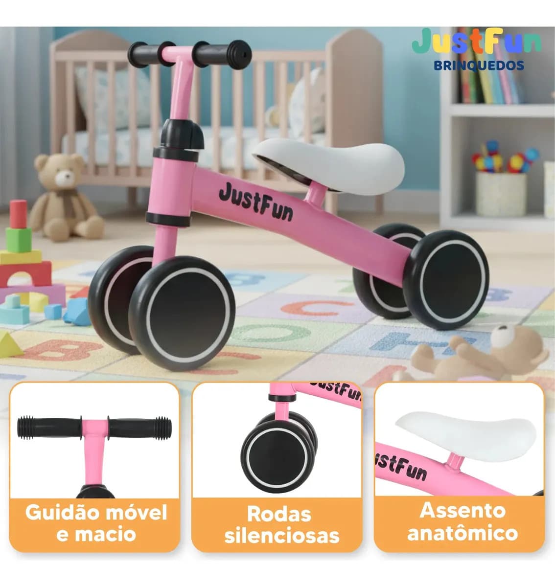 Bicicleta De Equilíbrio Bike Infantil Sem Pedal JustFun Brinquedos Cor Rosa — imagem 6