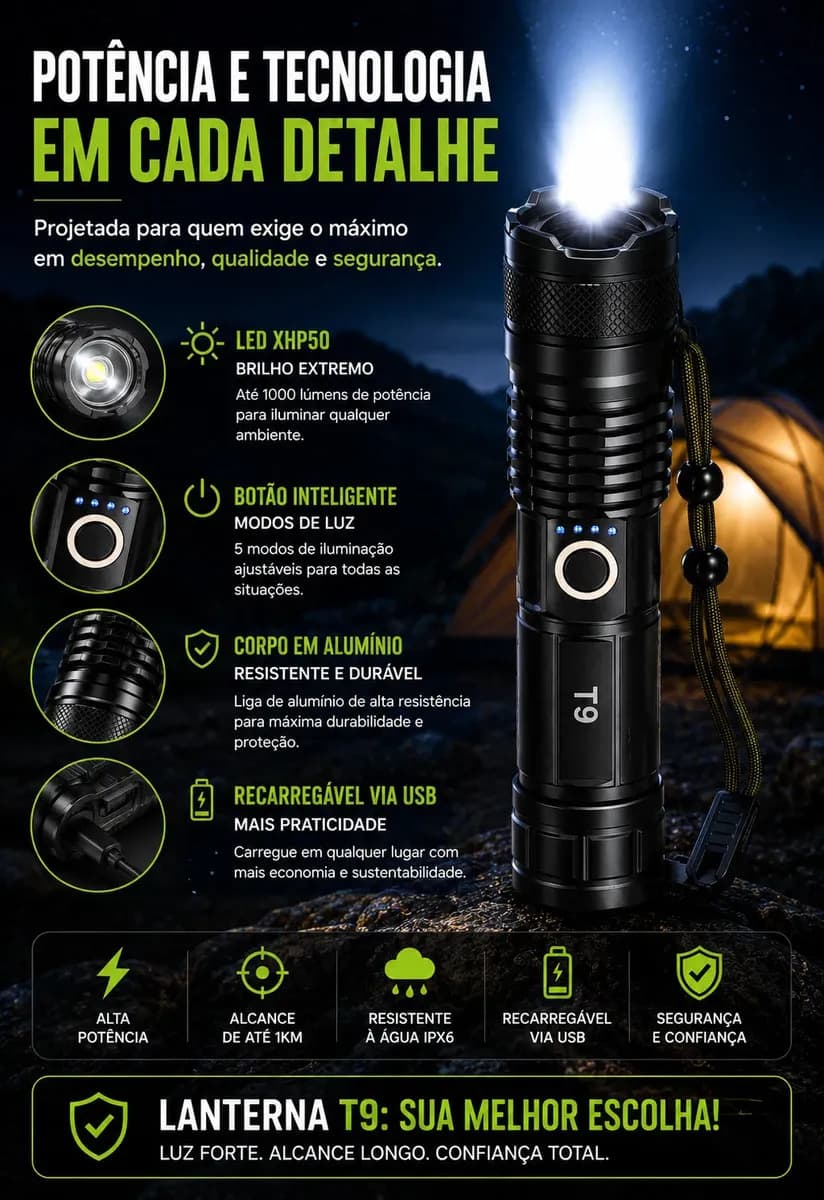 Lanterna Tática T9 Mais Forte Do Mundo Led Recarregável - Potente Profissional Militar Zoom Acampamento Pesca Caça Sobrevivência Emergência Policial Segurança P — imagem 4