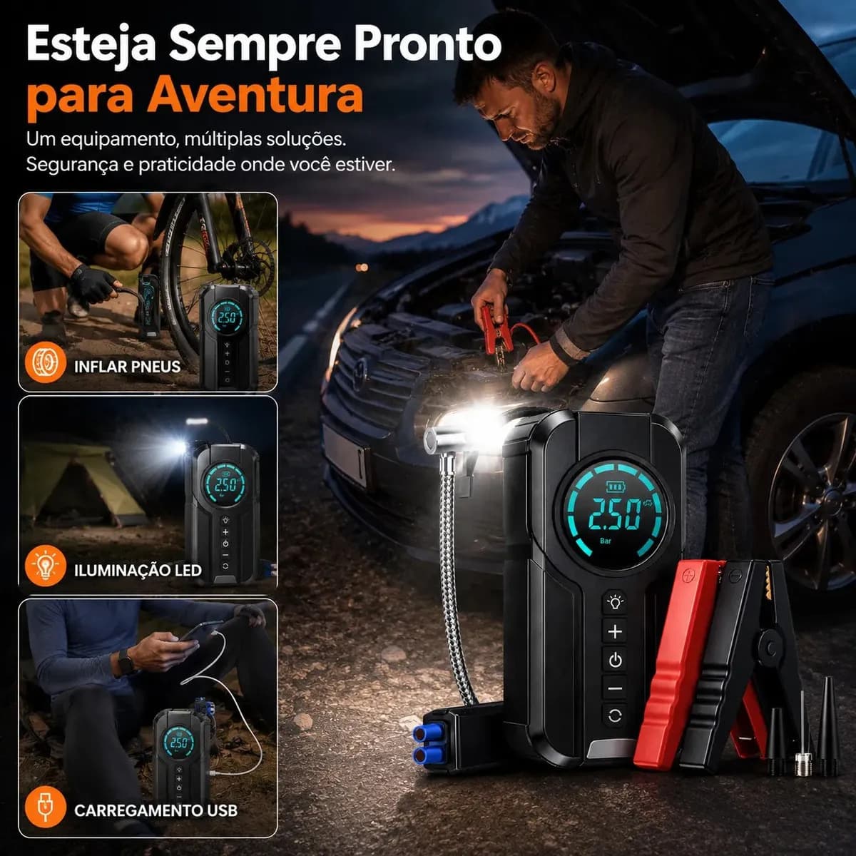 Auxiliar de Partida Bateria e Compressor de Ar Portátil 6 em 1 Inteligente para Carro, Moto e Bicicleta com Lanterna e Power Bank — imagem 5