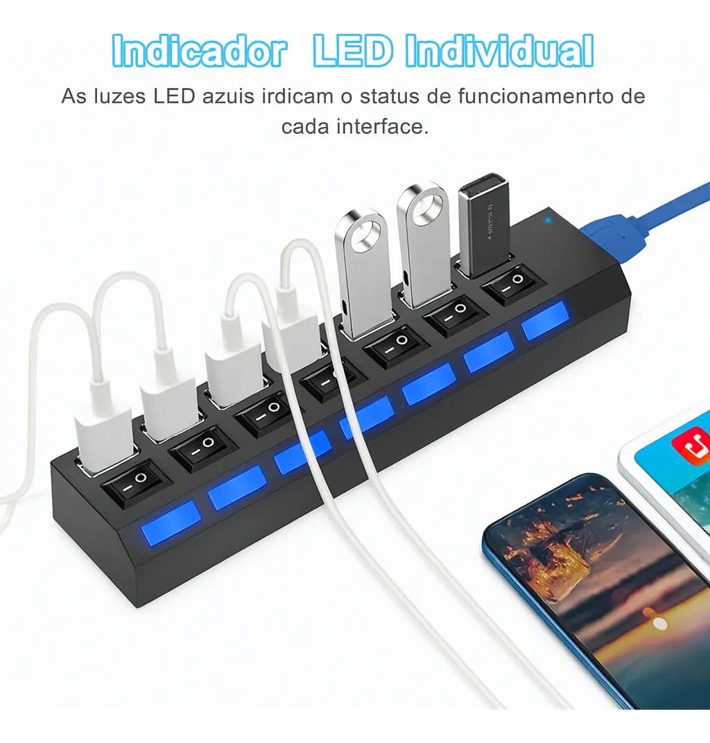 Hub Usb Com 7 Portas Ultra Rápido Para Pen Drive E Hd 3.0 5Gbps Alta Velocidade De Dados Turbo Usb Marca Ex Decor — imagem 3