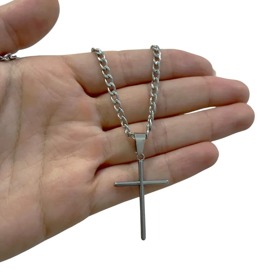 Corrente Cordão Masculino Grumet Aço Inox Cruz Crucifixo Colar Correntinha Masculina Para Presente Cor Prata Prateado 70cm — imagem 5