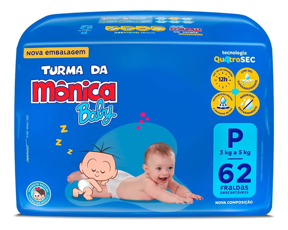 Fraldas Descartáveis Baby Qu4troSec Com 62 Unidades Tamanho P Turma da Mônica — imagem 2