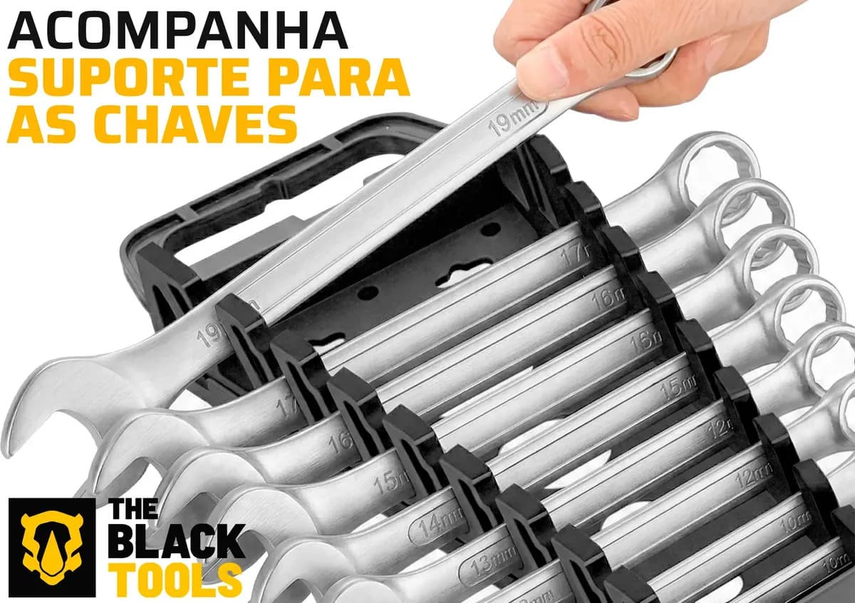 Jogo De Chave Boca E Estrela Combinada 12 Pçs Aço 6-22 Mm Cromada Profissional Tkch12 The Black Tools — imagem 6