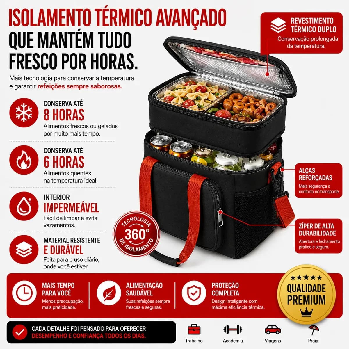 Bolsa Térmica Marmita Lancheira Alça Transversal Ajustável Removível 2 Compartimentos Organiza Conserva Seus Alimentos Quente ou Frio Cor Preto Tche Amo — imagem 3