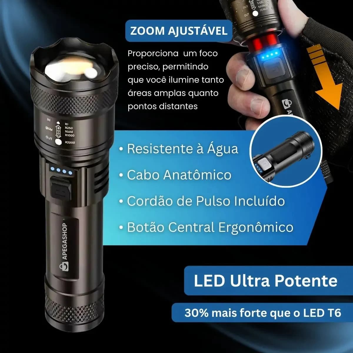 Lanterna Militar Tática Led Cree Recarregável Mais Forte Do Mundo Ultra Potente 1000m Zoom Alto Brilho Resistente Agua Sitio Fazenda — imagem 3
