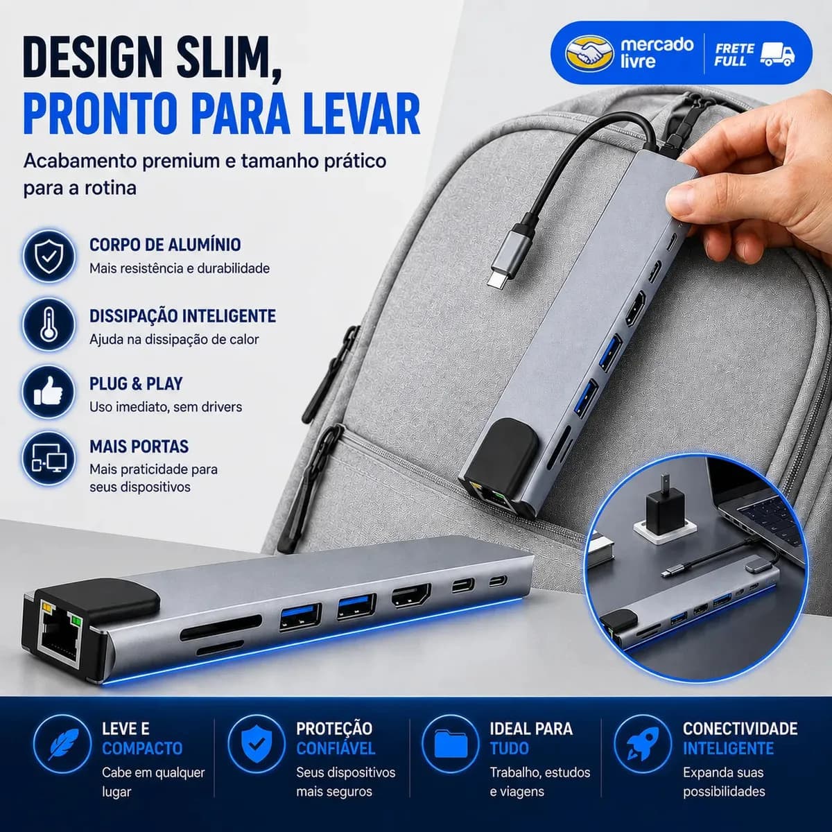 Adaptador Hub Usb Com 8 Portas Rj45 Hdmi 4k Usb 3.0 E 2.0 Tipo C Micro Sd Cartão Ethernet Cabo Thunderbolt Dock Station Dex Macbook Air M1 M2 iPad Type C Tablet — imagem 6
