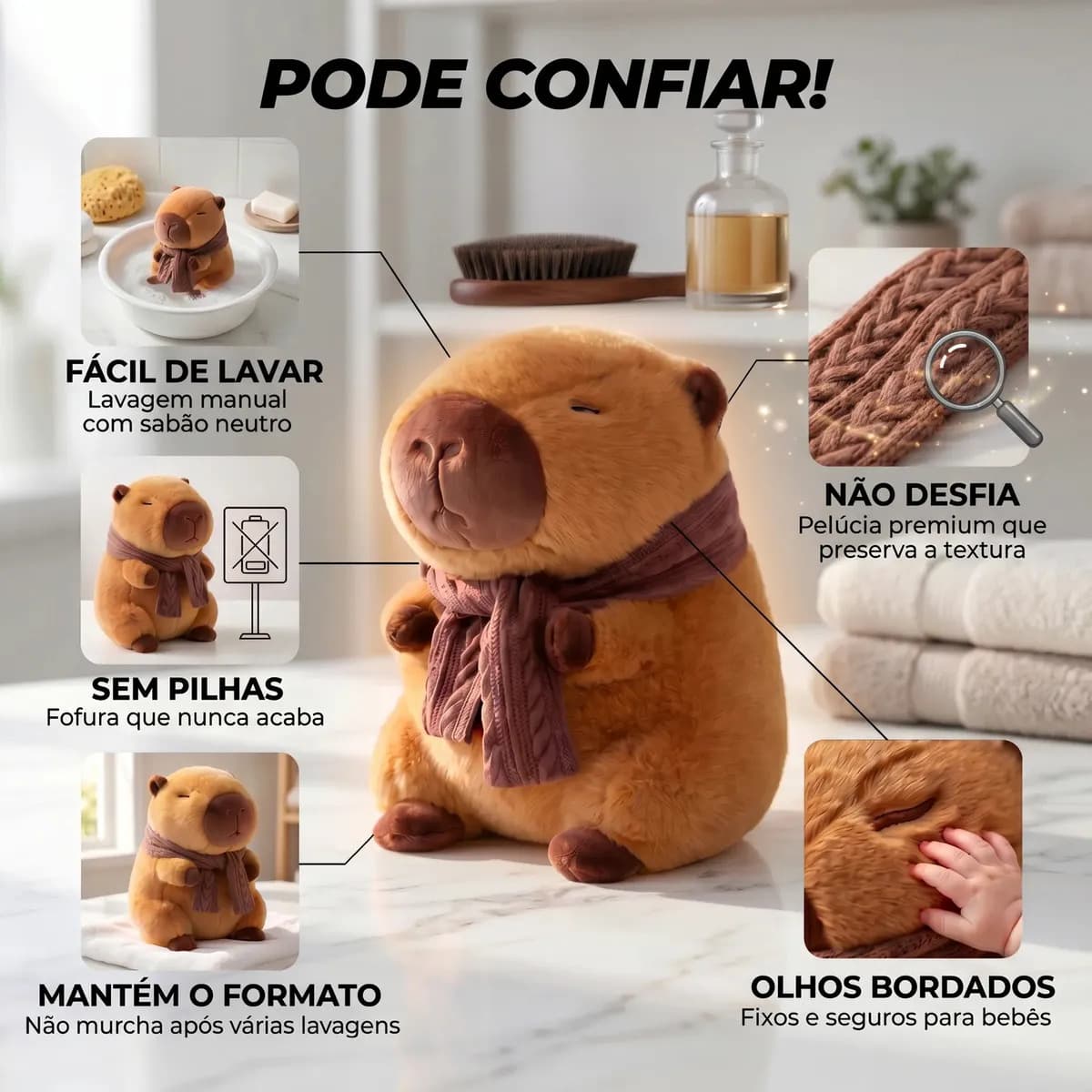 Pelúcia Capivara Cachecol Inverno Marrom Boneco Capybara Capibara Filó Bicho De Pelúcia Ursinho Brinquedo Animal Decoração Enfeite Quarto Dormitório Infantil Co — imagem 4