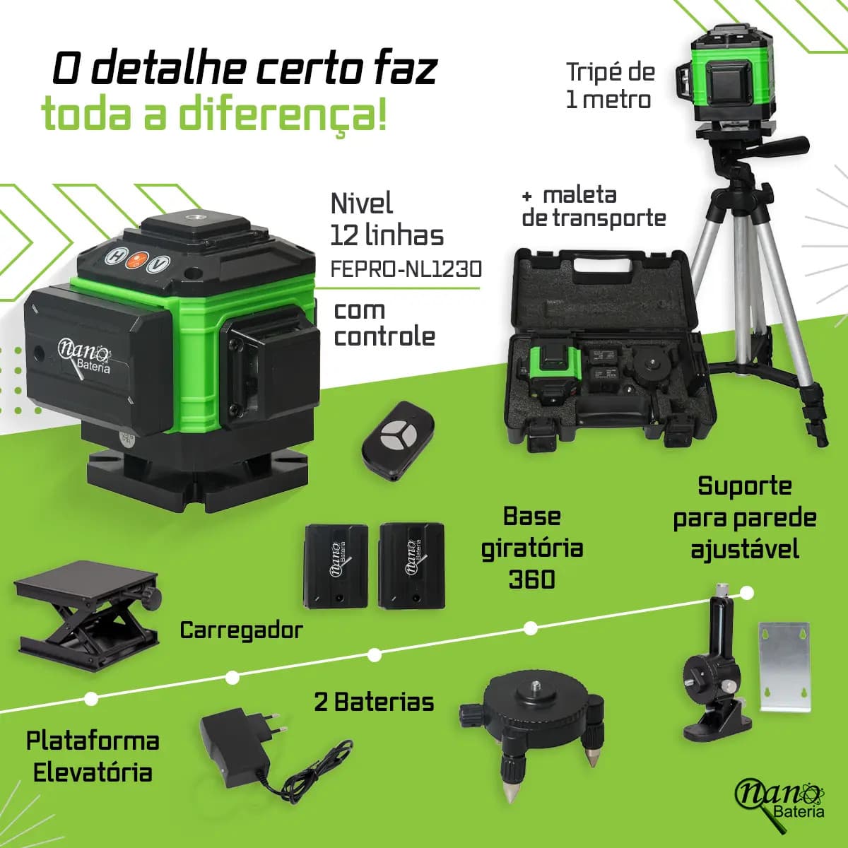 Kit Nível A Laser Verde 12 Linhas Esquadro + Suporte + Tripé Recarregavel Profissional Prumo Autonivelante Nano Bateria — imagem 3