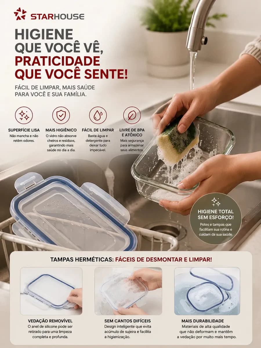 Kit 10 Potes Herméticos Vidro 640ml Starhouse Marmita Forno Micro-ondas Airfryer com 4 travas de super vedação — imagem 4