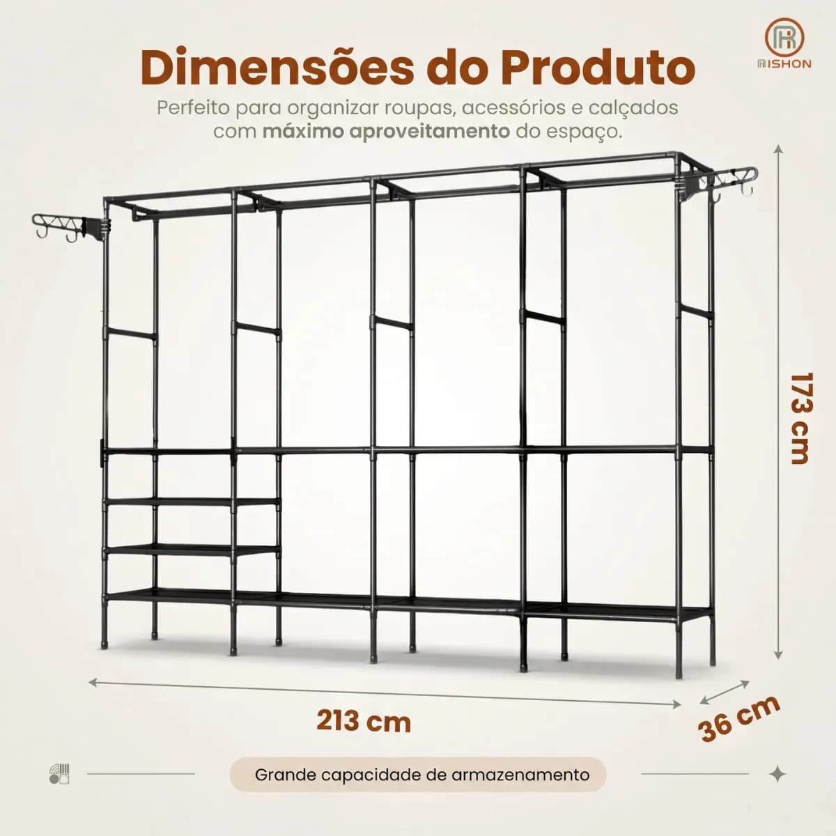 Guarda Roupa Dobravel Closet Aberto Organizador De Roupas Desmontavel E Arara Organizadora 4 Colunas Em Aço Resistente Rishon — imagem 3