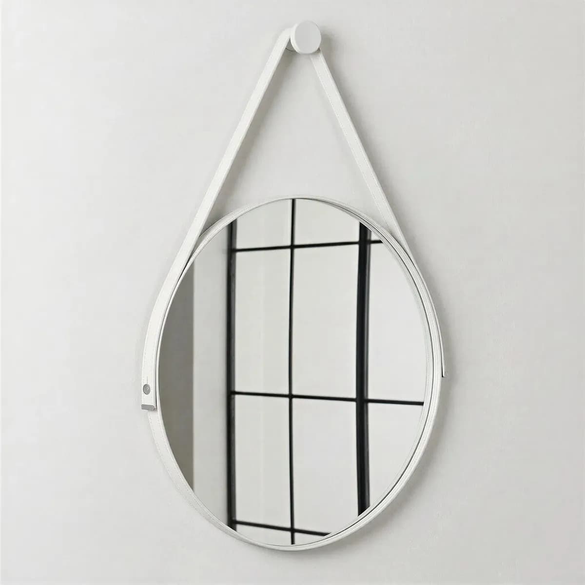 Espelho Redondo 60cm Adnet Alça de Couro Branco Dupla Costura e Suporte em Alumínio Quarto, Banheiro, Sala MF901 — imagem 2
