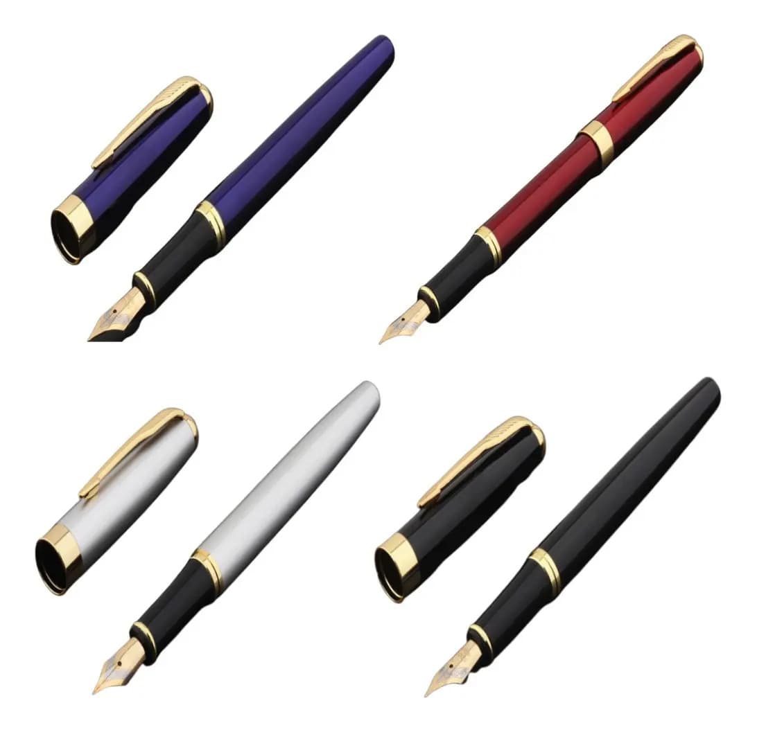 Caneta Fina Tinteiro Pena Luxo Preta Exterior Prateado 3mm Metal — imagem 3