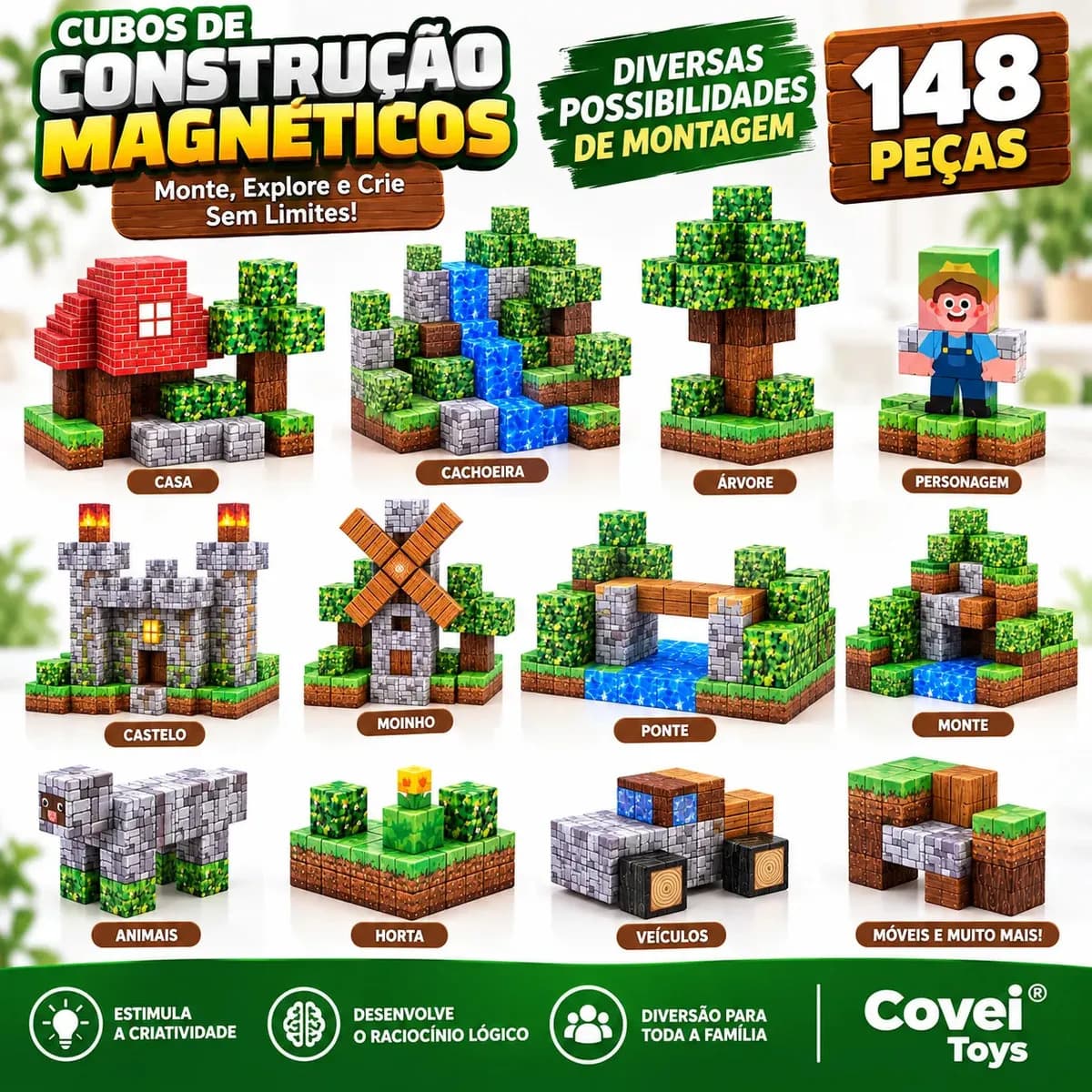 Kit 148 Blocos Imã Magnéticos Construção Montar Empilhamento Cubo Infantil Brinquedo Educativo Covei Toys — imagem 2