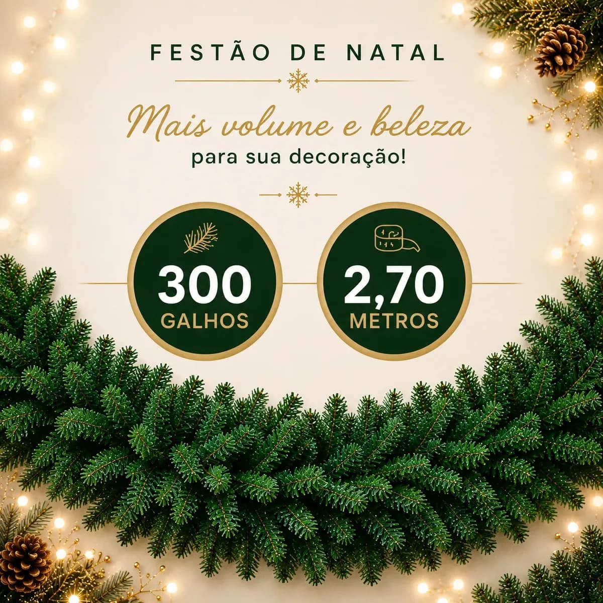 Festão Aramado Natal Grosso 2,70 Metros C/ 300 Galhos Cheios Flexível Decoração - Dekasa — imagem 5
