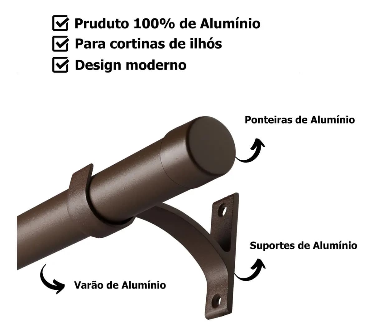 Kit Varão 28mm Com 2,30m Cortina Ilhós/argola 100% Alumínio Marrom — imagem 5