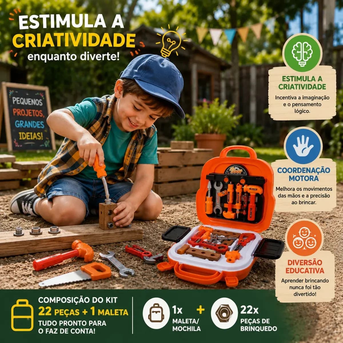 Kit Ferramentas Infantil 3 em 1 Pratitudo Toys com 22 Peças – Vira Mochila e Bancada — imagem 2