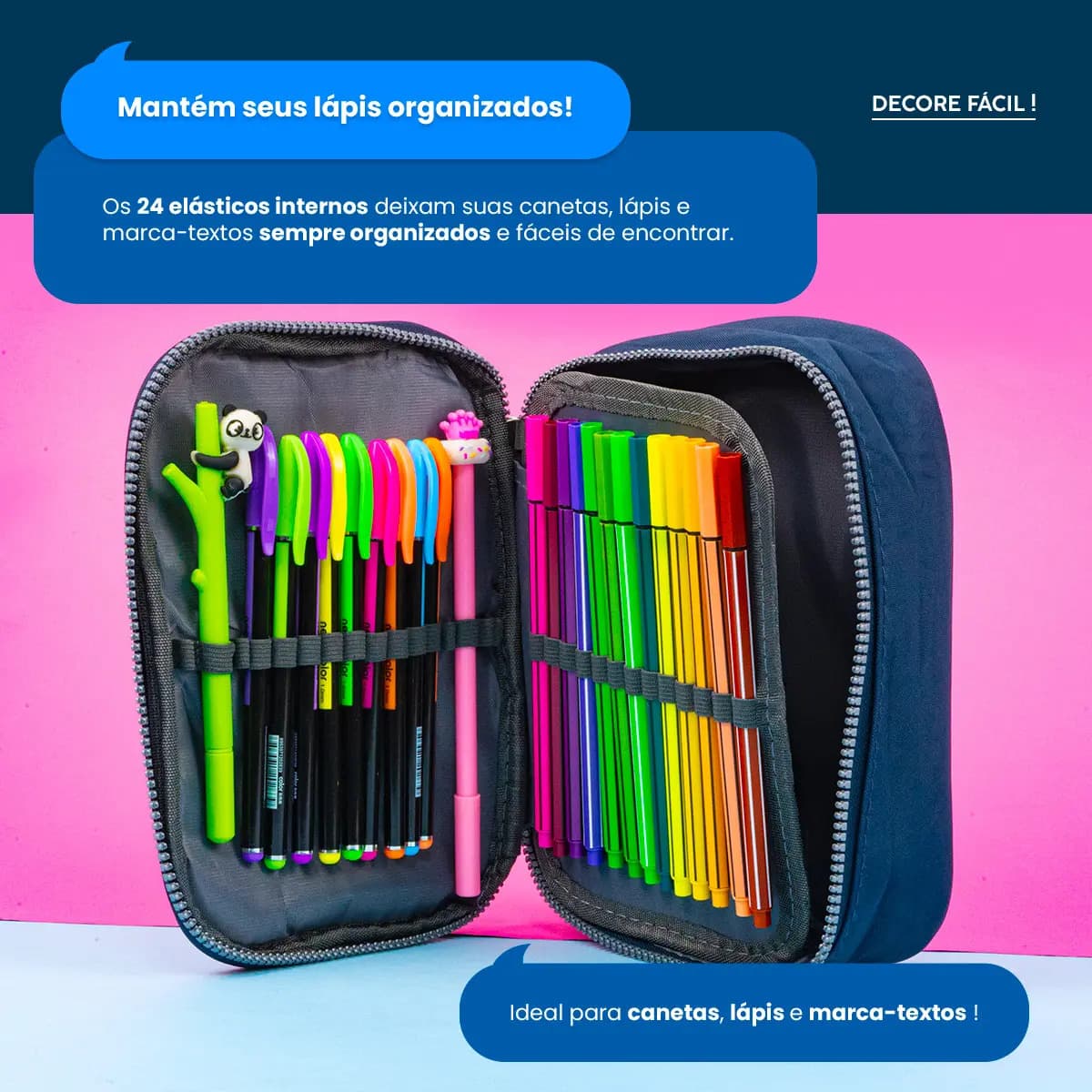 Estojo Box Organizador Escolar Com Divisórias Multifuncional 24 Elásticos Lápis Caneta 100 Pens Masculino Feminino Decore Fácil ! Verde — imagem 4