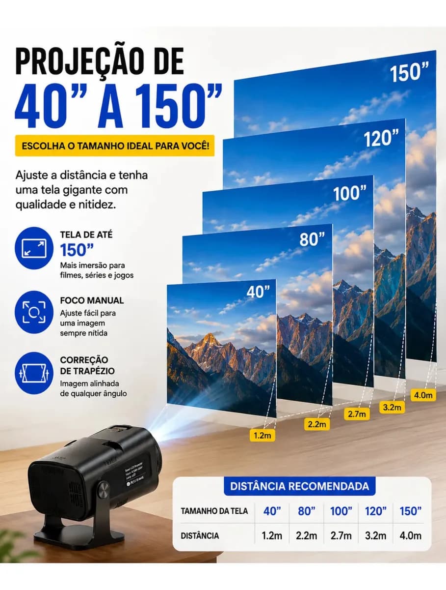 Projetor HY320 390 ANSI Full HD WiFi 6 4K Android Bluetooth 150 Polegadas HDMI USB Controle Remoto Bivolt Portátil Smart TV Cinema em Casa Filmes Séries Jogos S — imagem 4