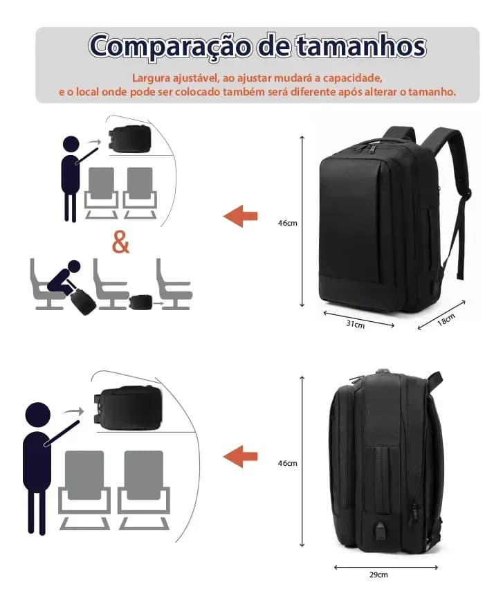 Mochila jiesipote-9242 À Prova D'água Reforçada Expansível Cor Preto — imagem 3