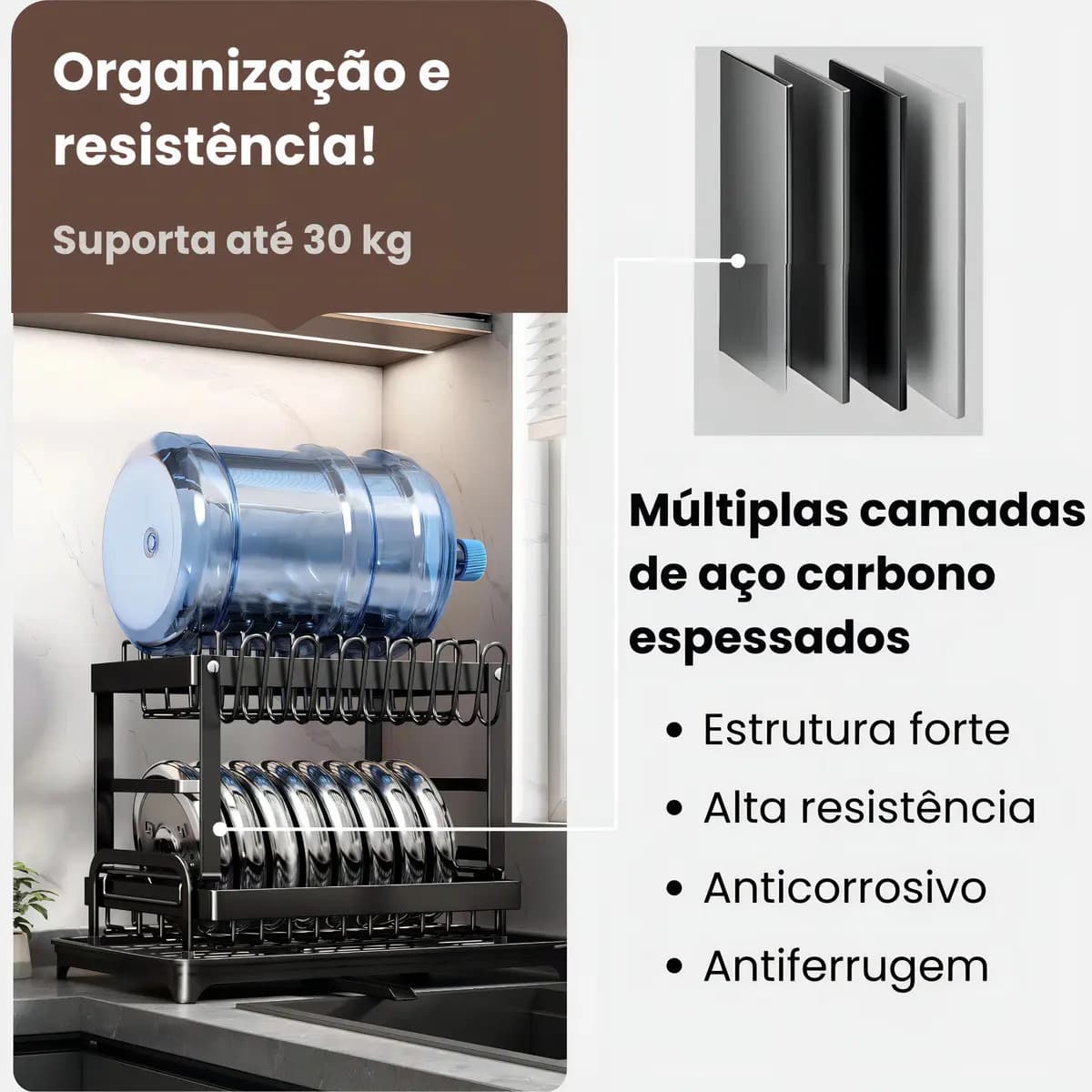 Escorredor de Louças 2 Andares Zelvi Aço Carbono Preto para Pratos Copos Talheres Organizador Pia Cozinha — imagem 5