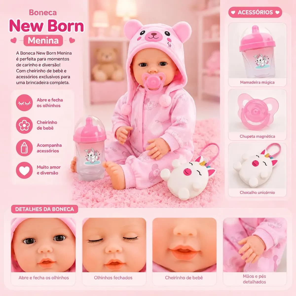 Boneca De Pijama New Born Brincando De Pijama Menina Abre E Fecha O Olho Com Acessórios 40CM — imagem 4