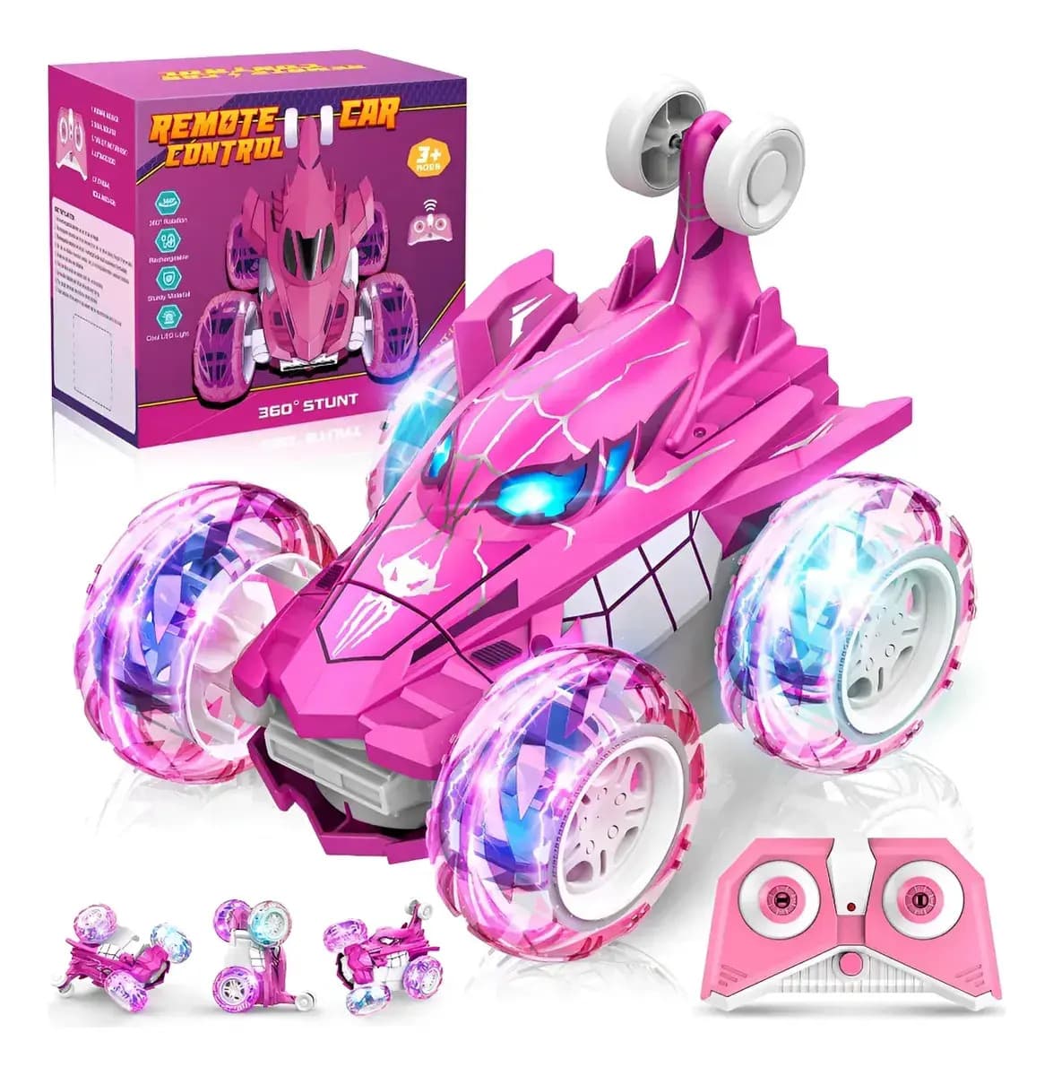 Carrinho Recarregável Controle Remoto Acrobata Gira 360 Graus Aranha Spider Rosa Pink Com Luzes Color Efeitos Especiai Colorido Brinquedo Encantado Infantil Men