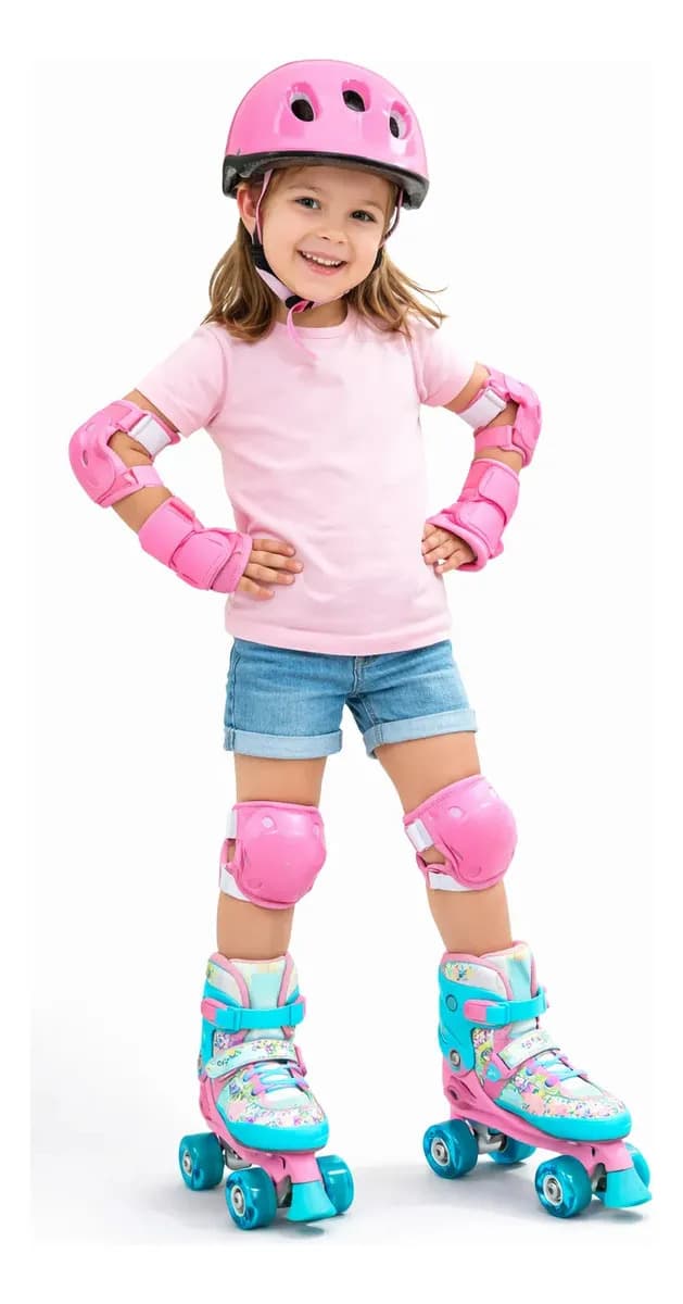 Roller Patins Infantil Rosa 4 Rodas + Kit Proteção Adulto 28-31 Ajustável Rosa/azul Celeste — imagem 6