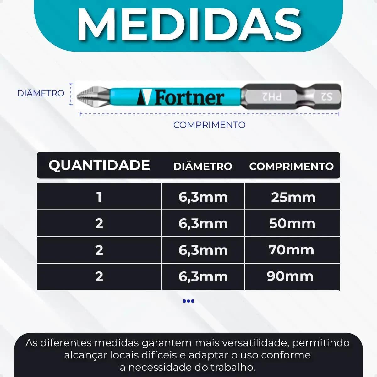 Ponta Bits Magnética Ph2 50mm + 70mm + 90mm Ponteira Imã Antiderrapante Parafusadeira Kit 7 Peças Fortner — imagem 4