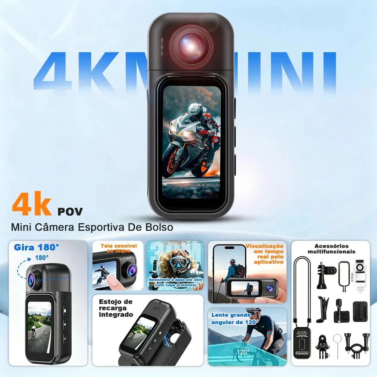 Mini Camera Filmadora 4K Esportiva Portátil Para Capacete Moto E Bike Camera Prova De Agua Acao Para Gravação De Vídeo HD Acessórios Inclusos — imagem 3