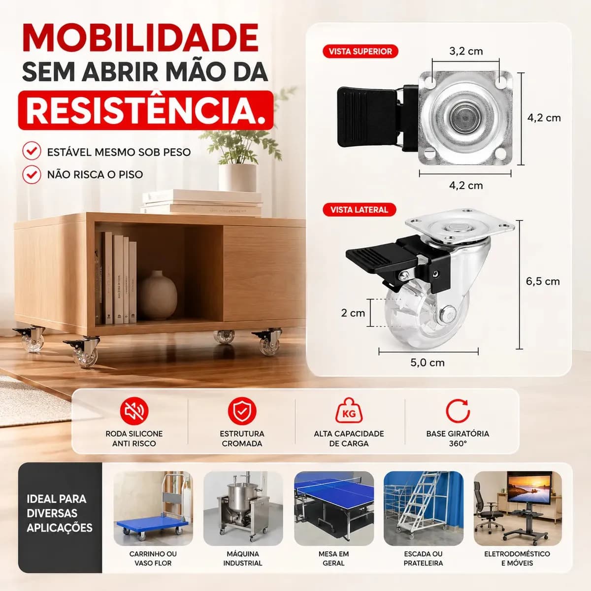 4 Rodinhas Giratório Gel Silicone Rodinha Móveis 50mm — imagem 5