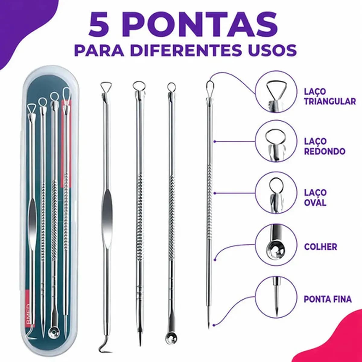 Cureta de Metal BMED para Acne Aço Inoxidável Kit 4 Extrator Espinha Cravos — imagem 3