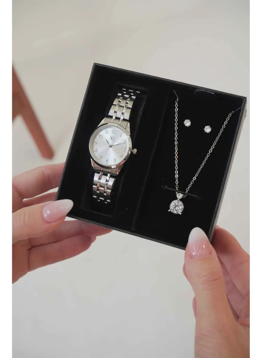 Kit Relógio Colar e Brincos Ponto De Luz Dourado e Prateado Feminino Luxo Saint Germain 28mm — imagem 2