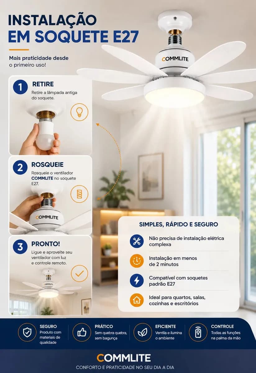 Ventilador de Teto 60W Silencioso Lâmpada Forte com LED, Controle e 6 Pás Soquete E27 Para Residencial Comercial Interno Externo Quarto Sala Cozinha Escritório  — imagem 2