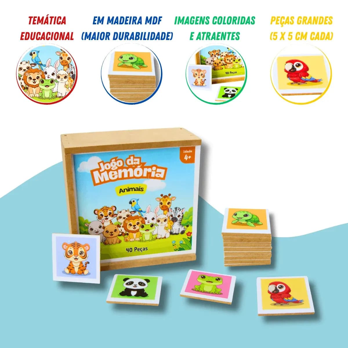 Jogo Da Memória Animais 40 Peças Brinquedo Educativo Infantil Em Madeira Mdf — imagem 3