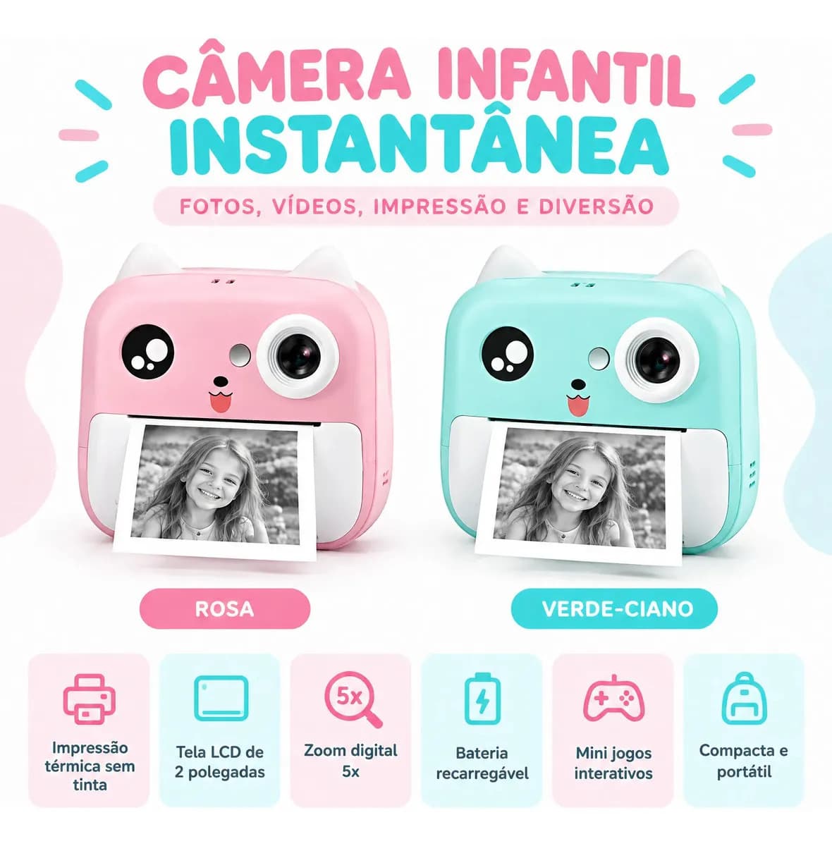 Câmera Digital Infantil TechRyse de Impressão Instantânea com Filmadora e Jogos - Verde-Ciano — imagem 3