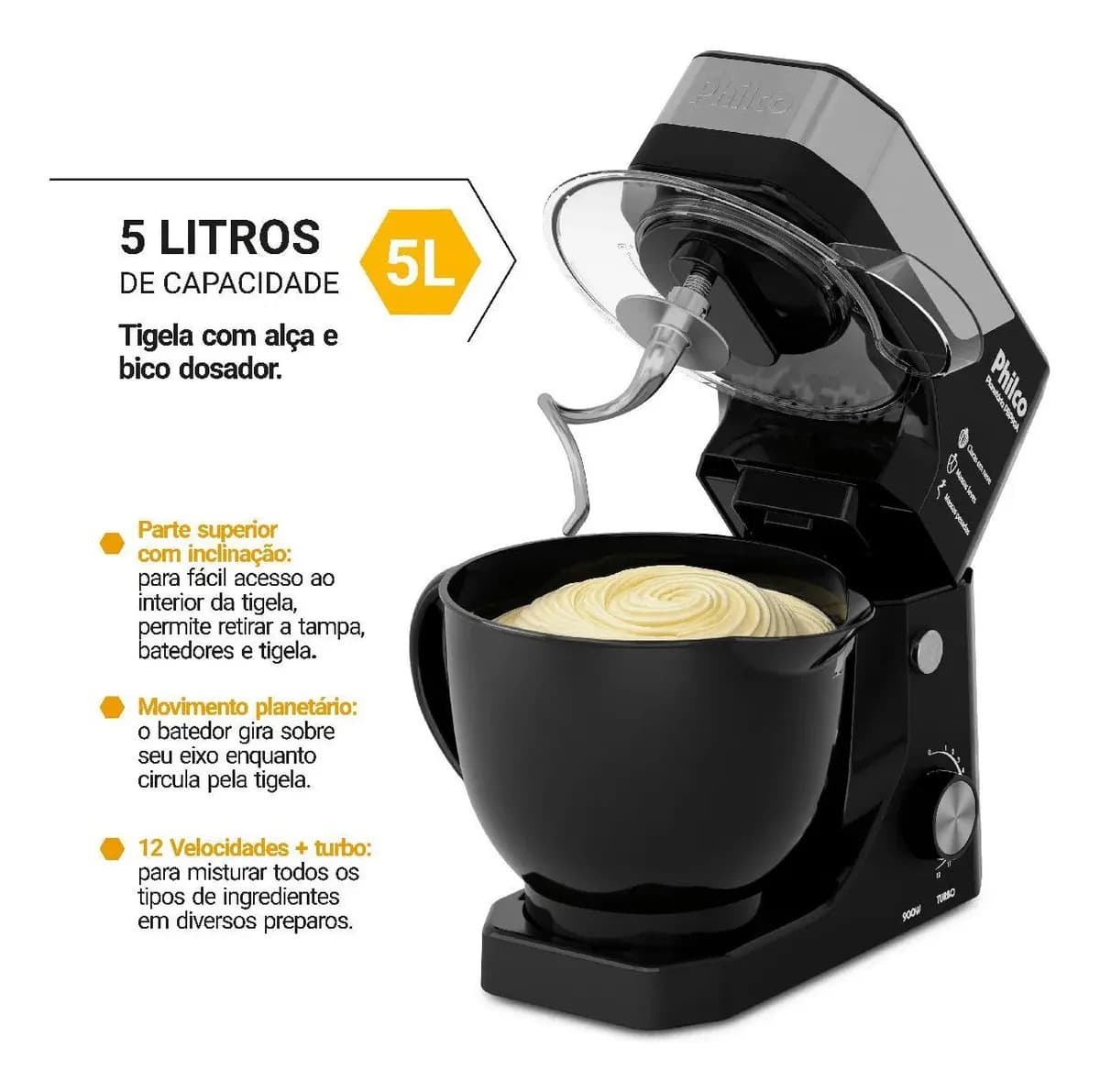 Batedeira Planetária Philco 900W 5L Preta 12 Velocidades Turbo PBP90A — imagem 3