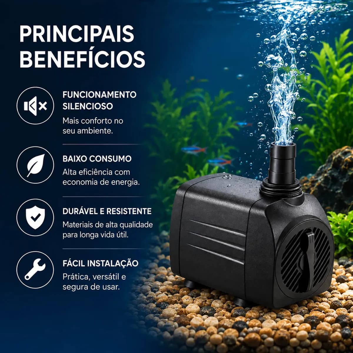 Bomba Submersa 1000 l/h Bombinha 1,5m Lagos Recalque Fontes Aquários Cascata Chafariz Motor Água Doce Salgada Marinho Fonte Hidroponia Aquaponia — imagem 6